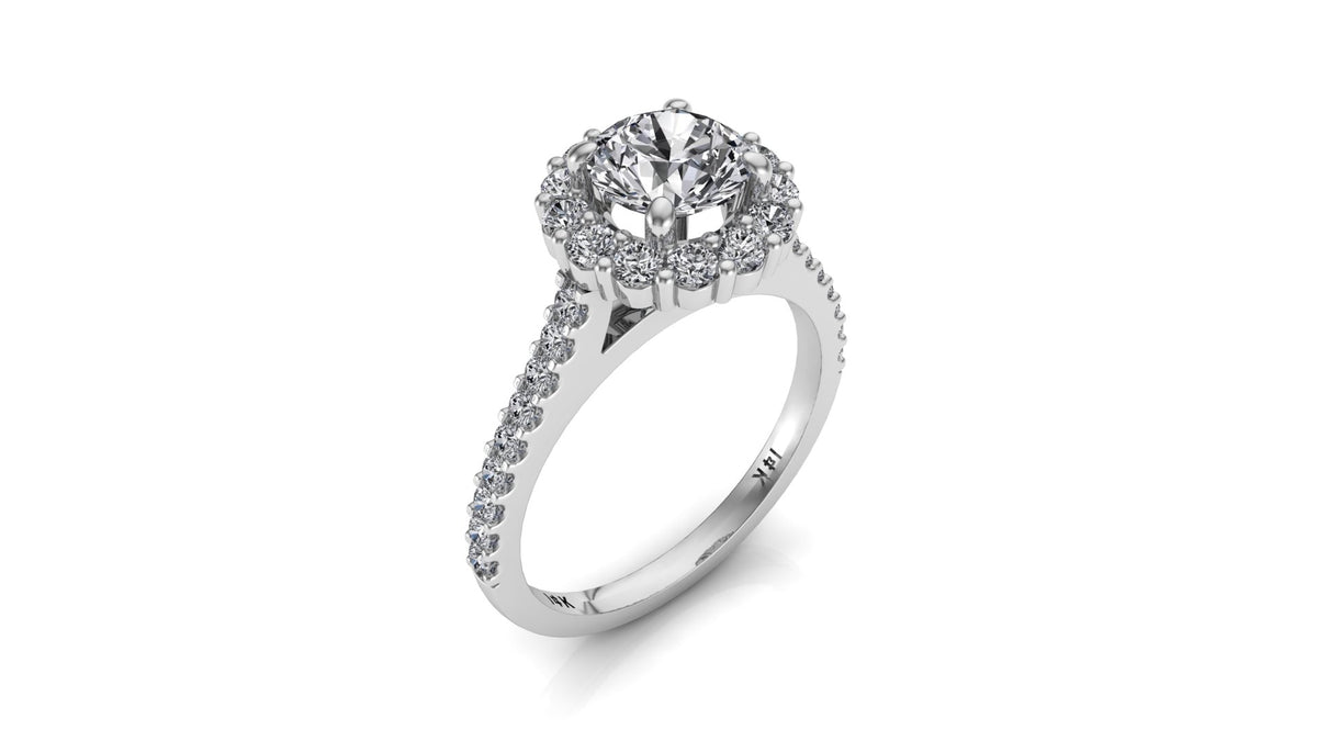6mm (0.80ct) ForeverOne Round Moissanite Four Prong Diamond Halo Engagement Ring 14K Gold MOENG092