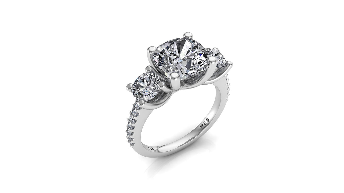 8.5mm (2.80ct) ForeverOne Cushion Moissanite Three Stone Engagement Ring Engagement Ring 14K Gold MOENG085