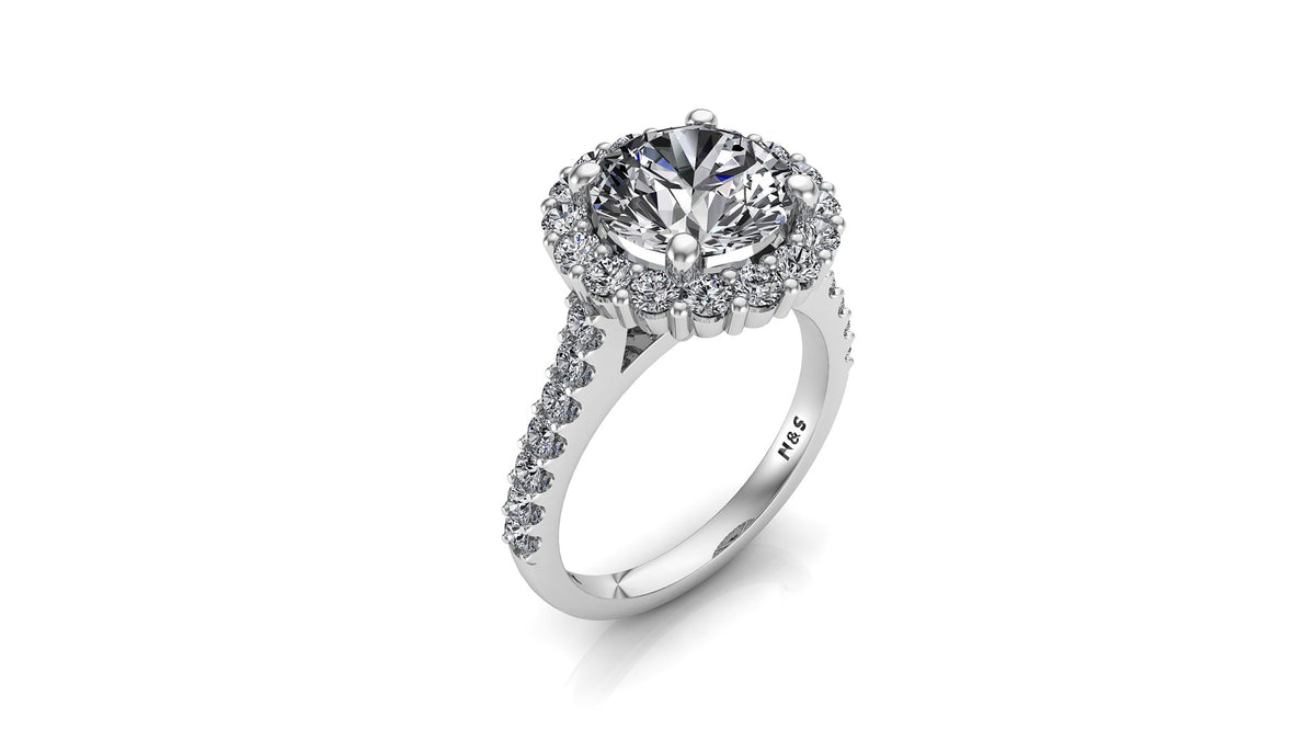 8mm (1.90ct) Joyce ForeverOne Round Moissanite Diamond Halo Cathedral Set Engagement Ring 14K MOENG052