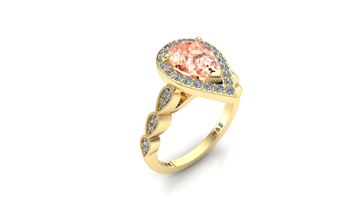 9x6mm (1.30ct) Milgrain Pear Cut Morganite Diamond Halo 14K Gold Ring BSAQ008