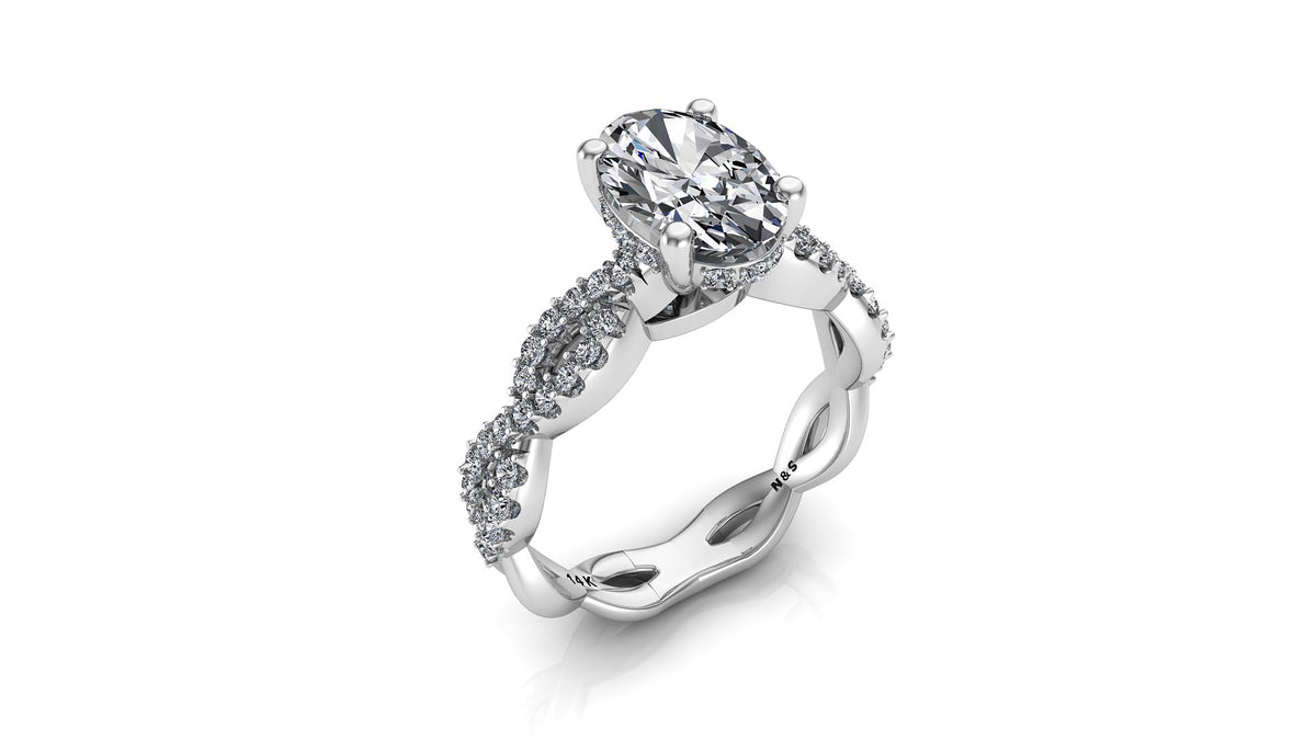 8x6mm (1.50ct) Stephanie ForeverOne Oval Moissanite Under Halo Twist Band Engagement Ring 14K Gold MOENG050