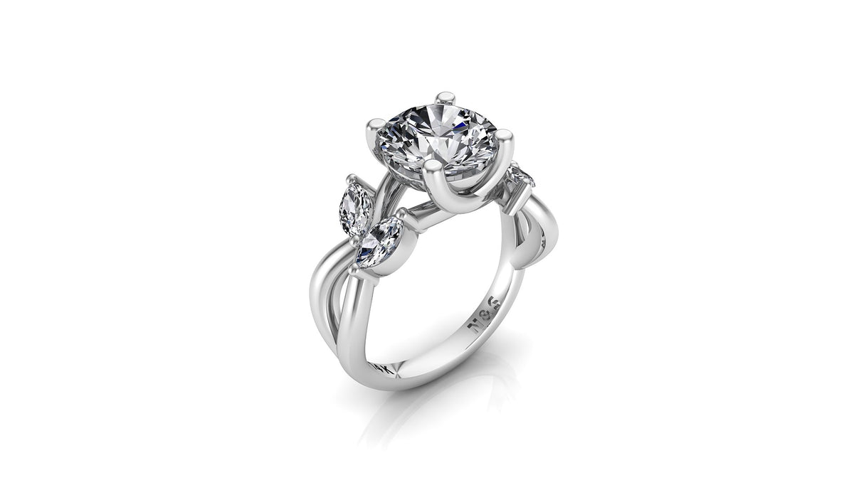 8mm (1.90ct) ForeverOne Round Moissanite Marquise-Nature Style Twist Band 14K Gold Engagement Ring MOENG007