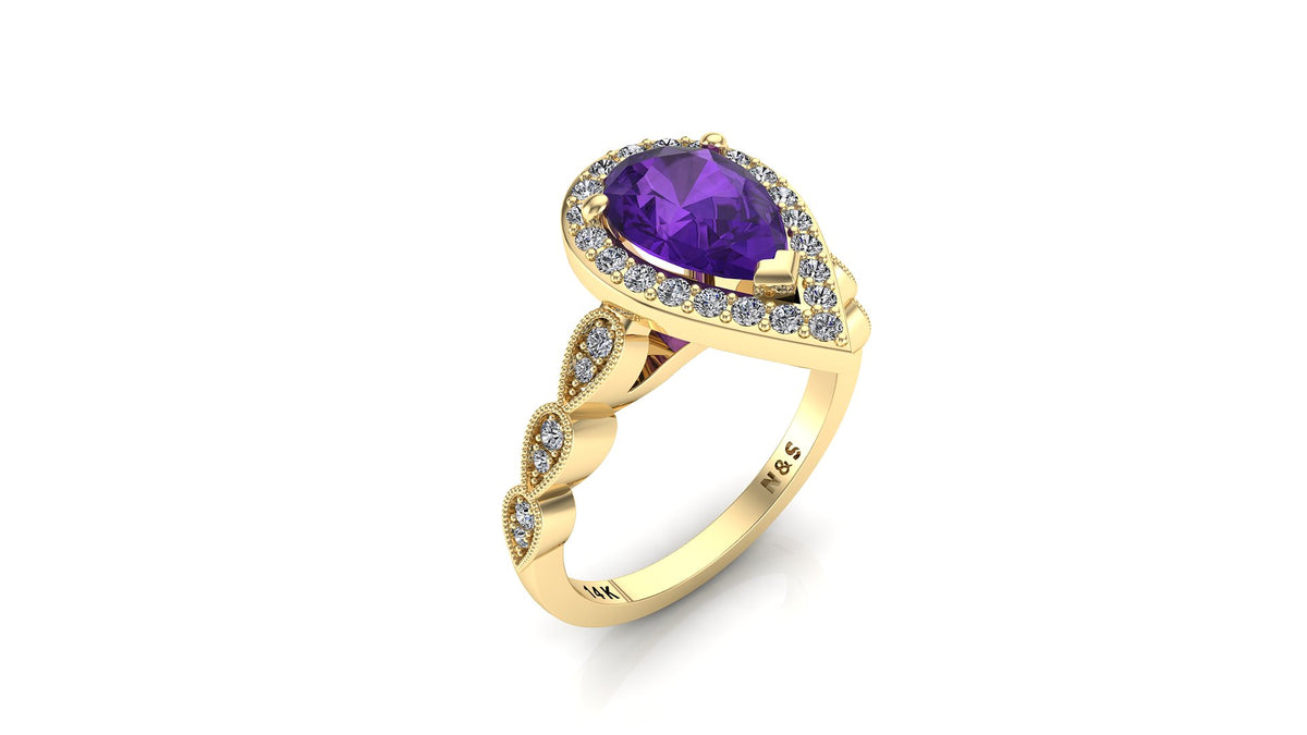 9x6mm (1.30ct) Milgrain Pear Cut Amethyst Diamond Halo 14K Gold Ring BSAQ005