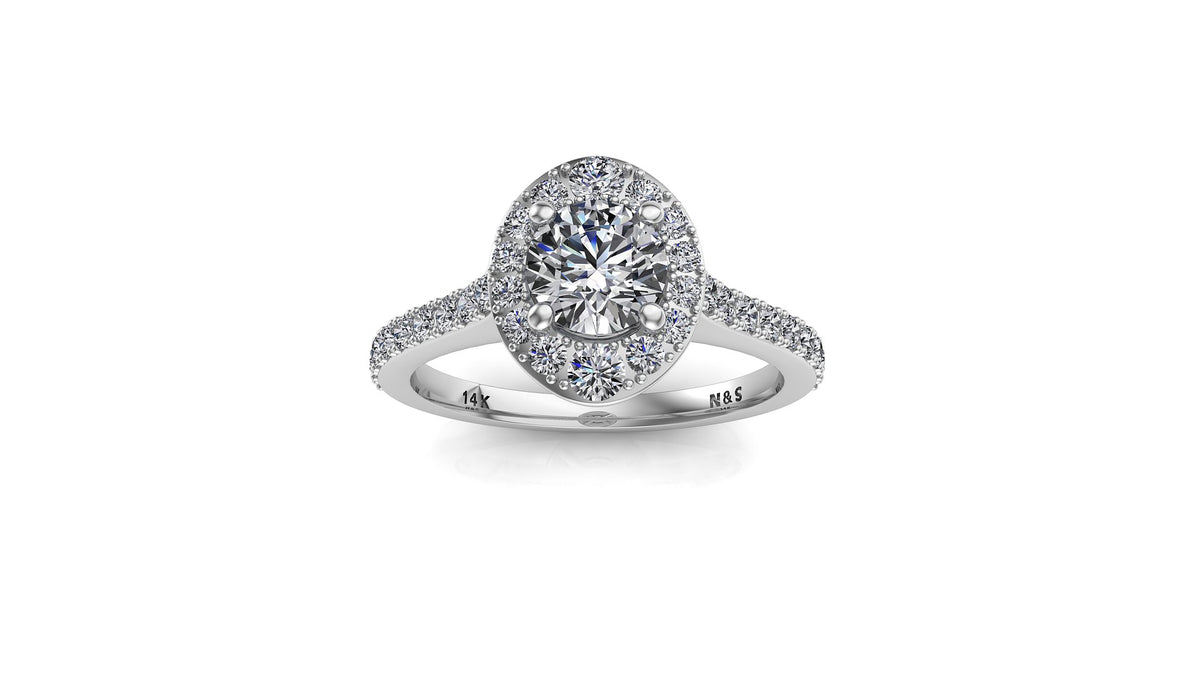 5.5mm (0.60ct) ForeverOne Round Moissanite Diamond Halo Cathedral Set Engagement Ring 14K MOENG016