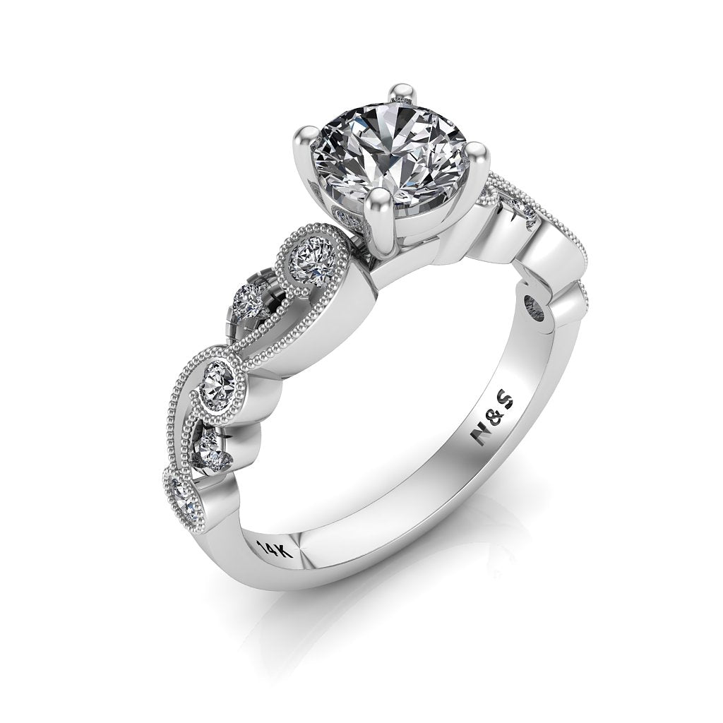 5.5mm (0.60ct) ForeverOne Round Moissanite Milgrain Design 14K Gold Engagement Ring MOENG060