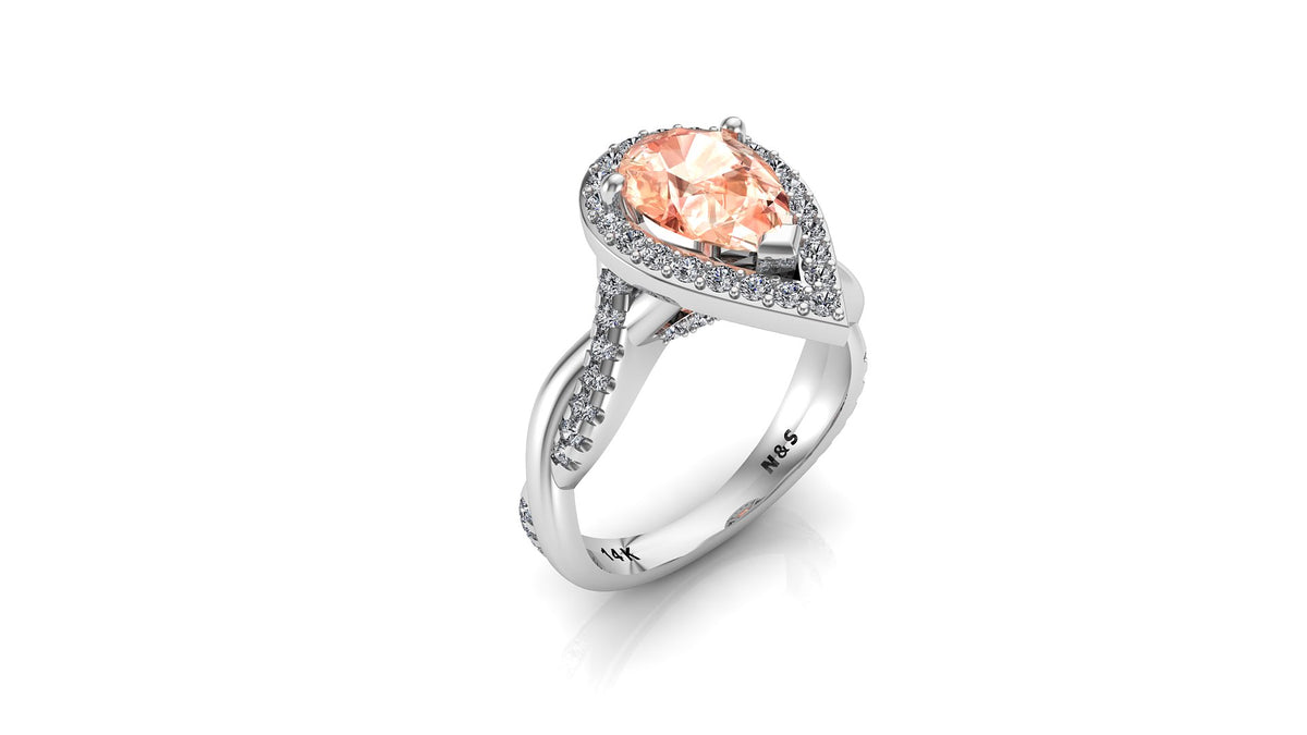9x6mm (1.30ct) Single Diamond Twist Pear Cut Morganite Diamond Halo 14K Gold Ring BSAQ012