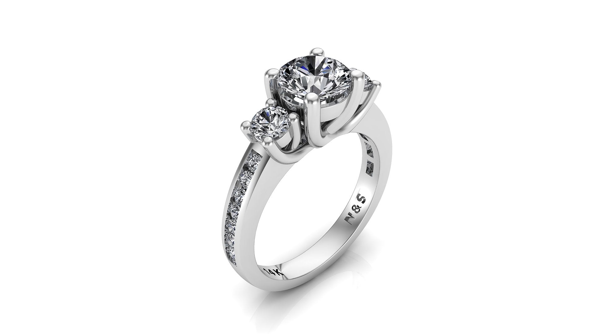 6.5mm (1.00ct) ForeverOne Round Moissanite Three Stone Channel Setting Band 14K Gold Engagement Ring MOENG044