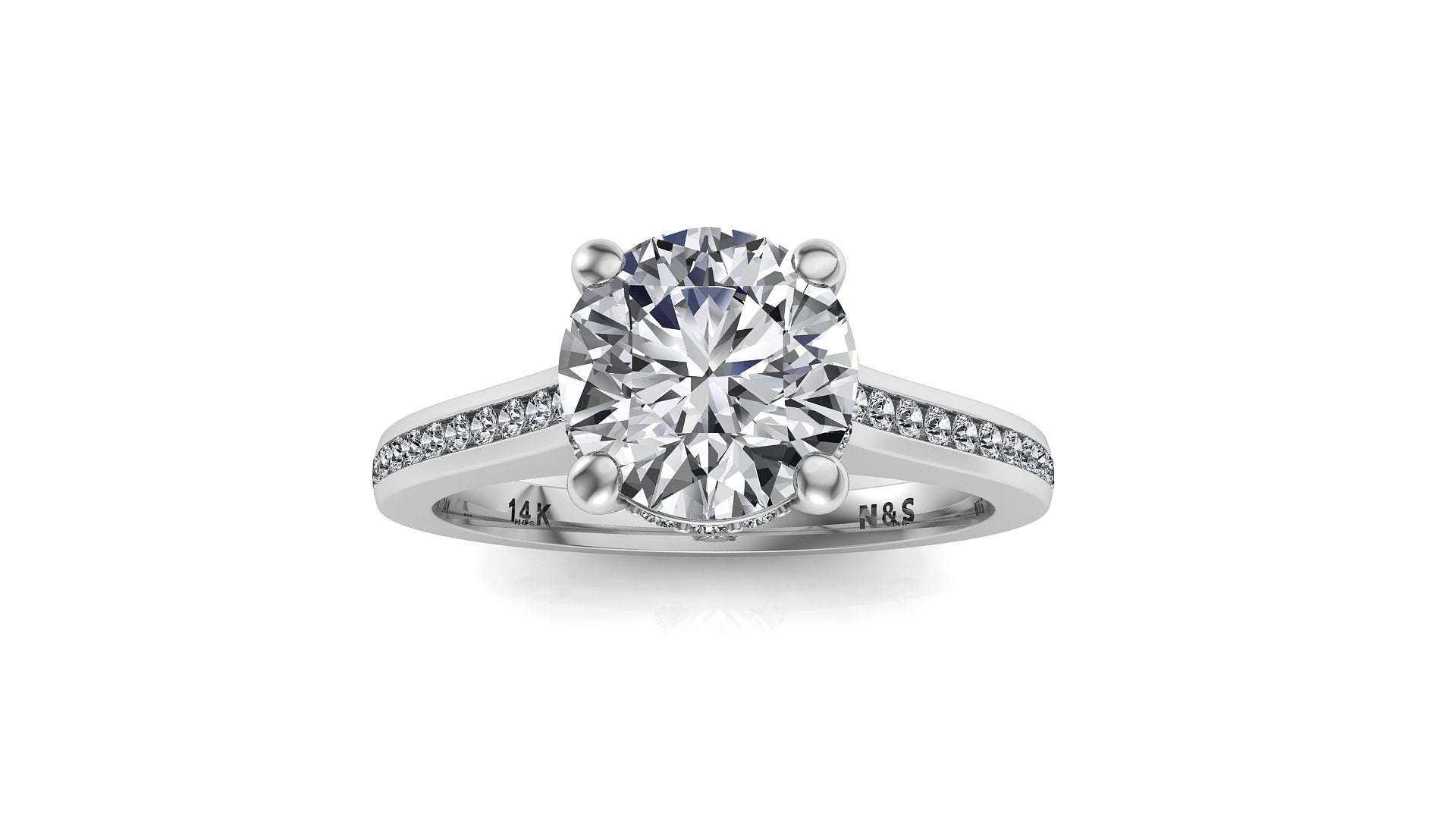 6.5mm (1.00ct) ForeverOne Round Moissanite Four Prong Diamond Underhalo Channel Setting Engagement Ring 14K Gold MOENG093