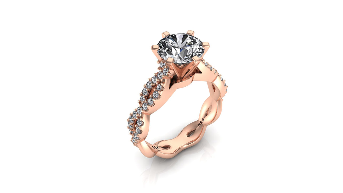 7mm (1.20ct) Stephanie ForeverOne Round Moissanite Diamond Twist Band 14K Gold Engagement Ring MOENG054