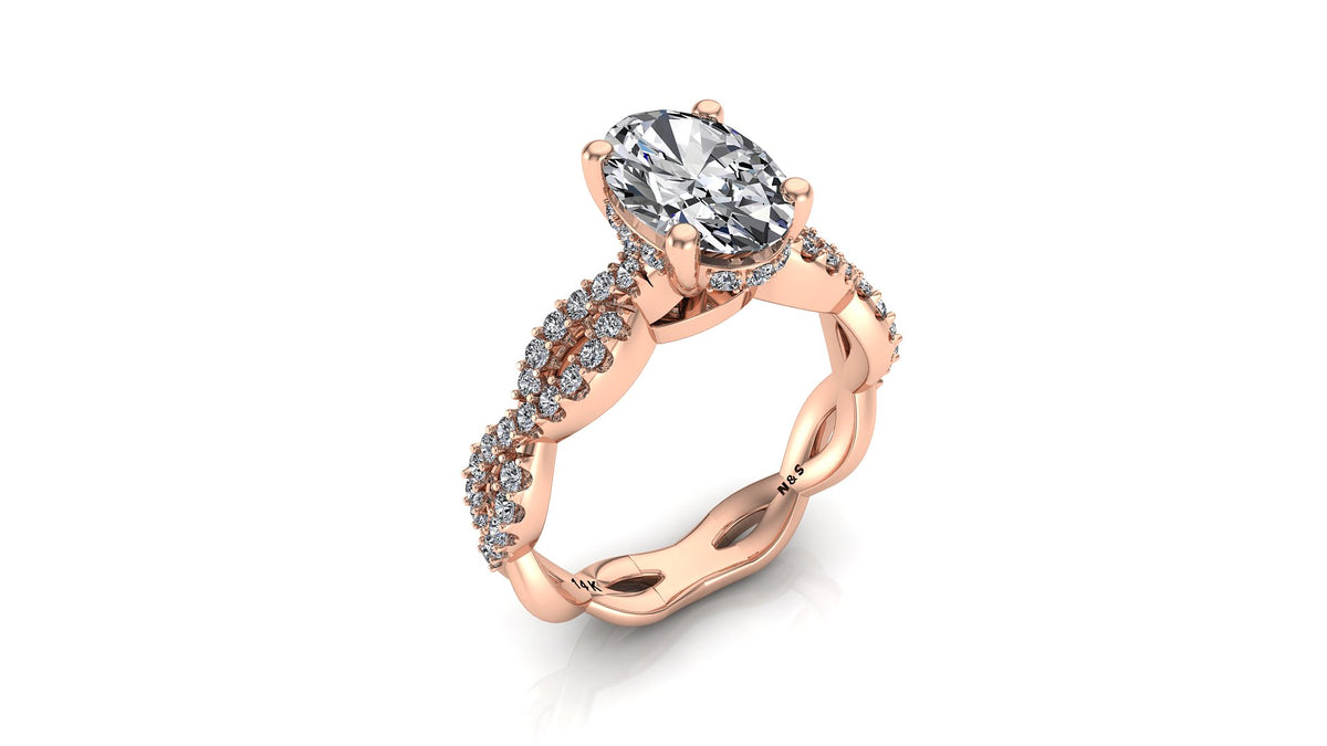 8x6mm (1.50ct) Stephanie ForeverOne Oval Moissanite Under Halo Twist Band Engagement Ring 14K Gold MOENG050