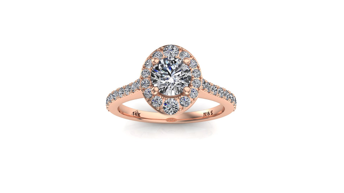 5.5mm (0.60ct) ForeverOne Round Moissanite Diamond Halo Cathedral Set Engagement Ring 14K MOENG016