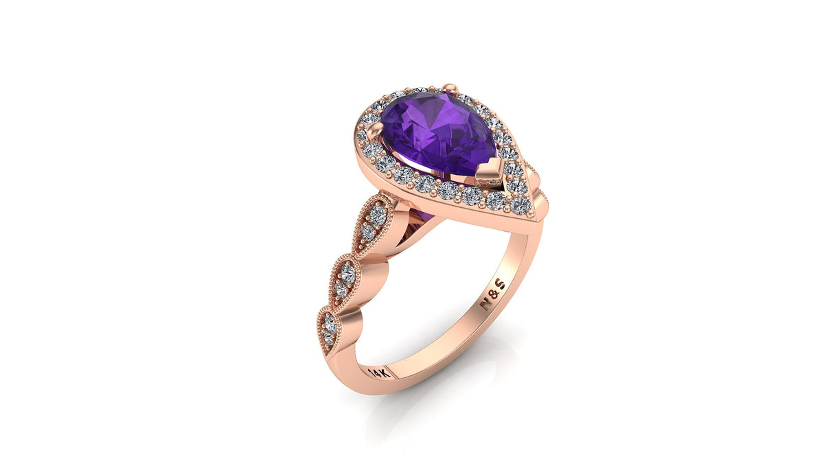 9x6mm (1.30ct) Milgrain Pear Cut Amethyst Diamond Halo 14K Gold Ring BSAQ005