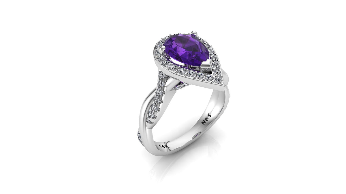 9x6mm (1.30ct) Single Diamond Twist Pear Cut Amethyst Diamond Halo 14K Gold Ring BSAQ010