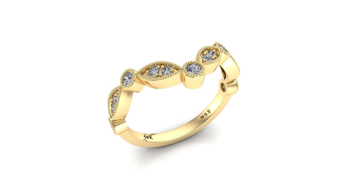 0.30ct Milgrain Beaded Marquise and Round Chevron Diamond Wedding Band 14K Gold BAN115