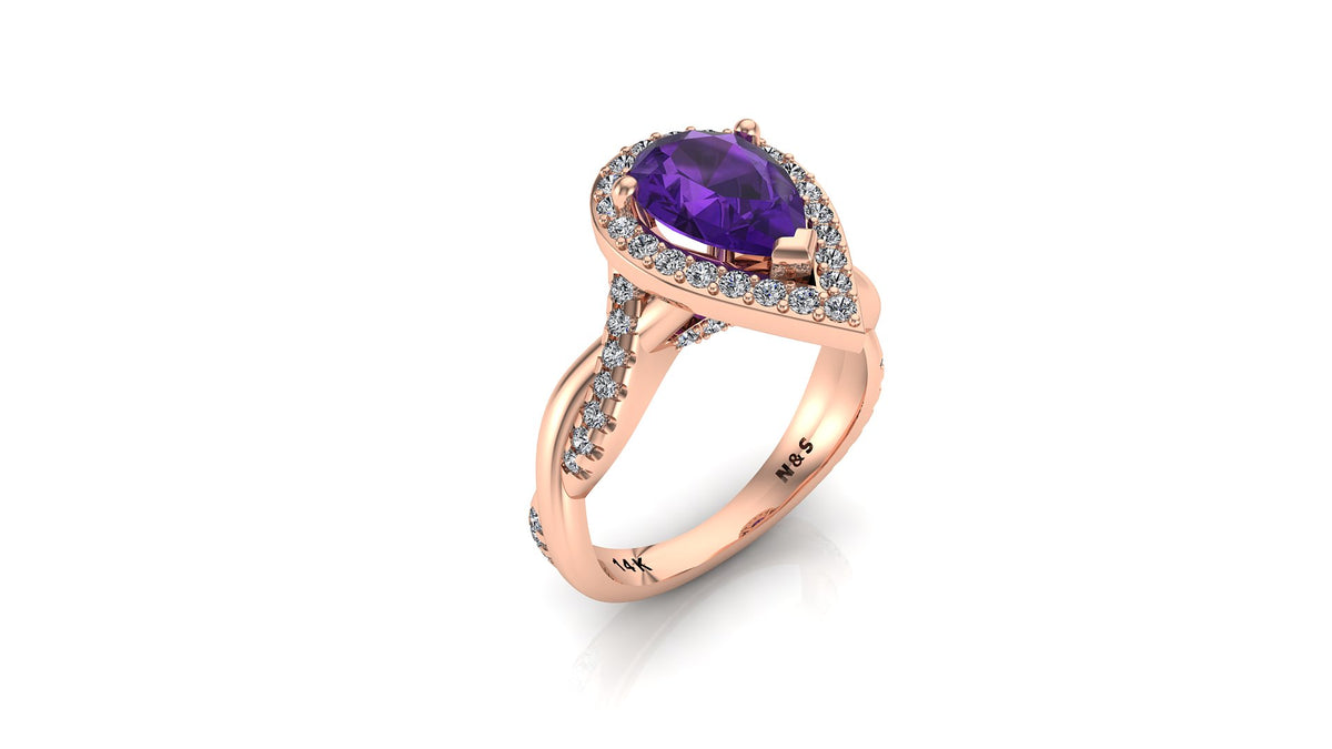 9x6mm (1.30ct) Single Diamond Twist Pear Cut Amethyst Diamond Halo 14K Gold Ring BSAQ010