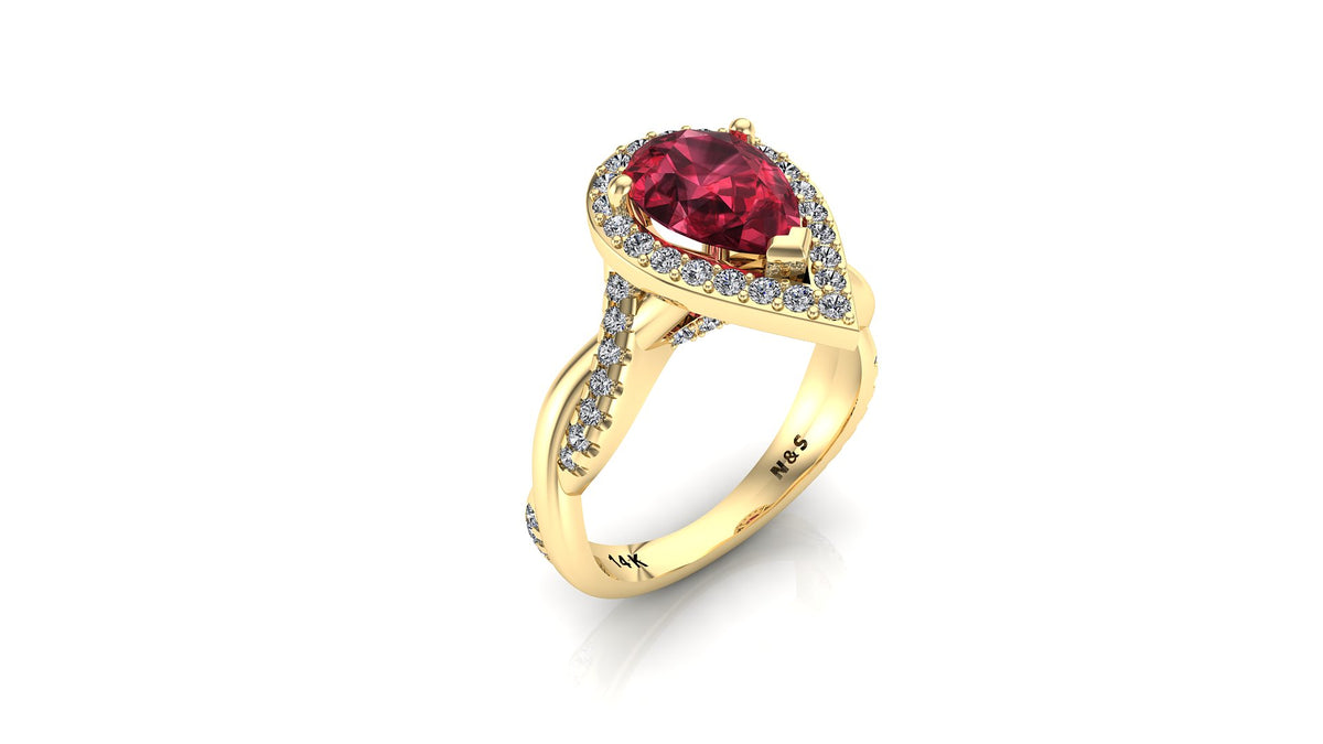 10x7mm (1.80ct) Single Diamond Twist Pear Cut Garnet Diamond Halo 14K Gold Ring BSAQ015