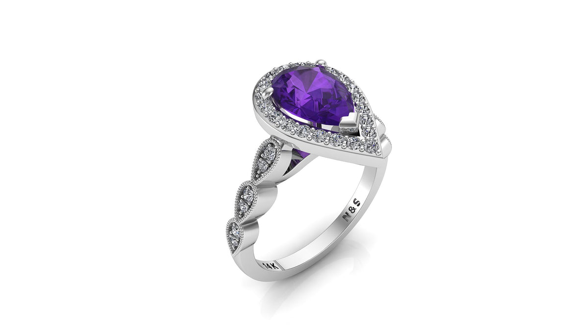 9x6mm (1.30ct) Milgrain Pear Cut Amethyst Diamond Halo 14K Gold Ring BSAQ005