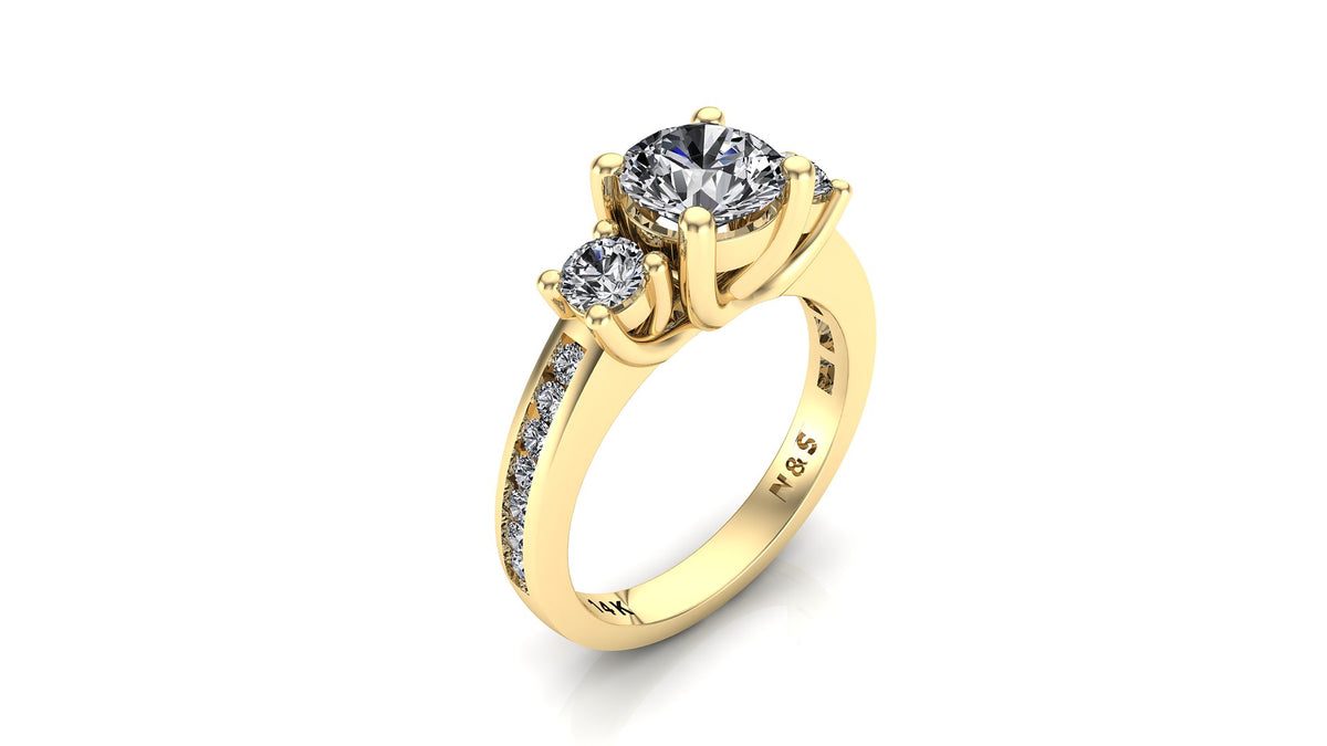 6.5mm (1.00ct) ForeverOne Round Moissanite Three Stone Channel Setting Band 14K Gold Engagement Ring MOENG044
