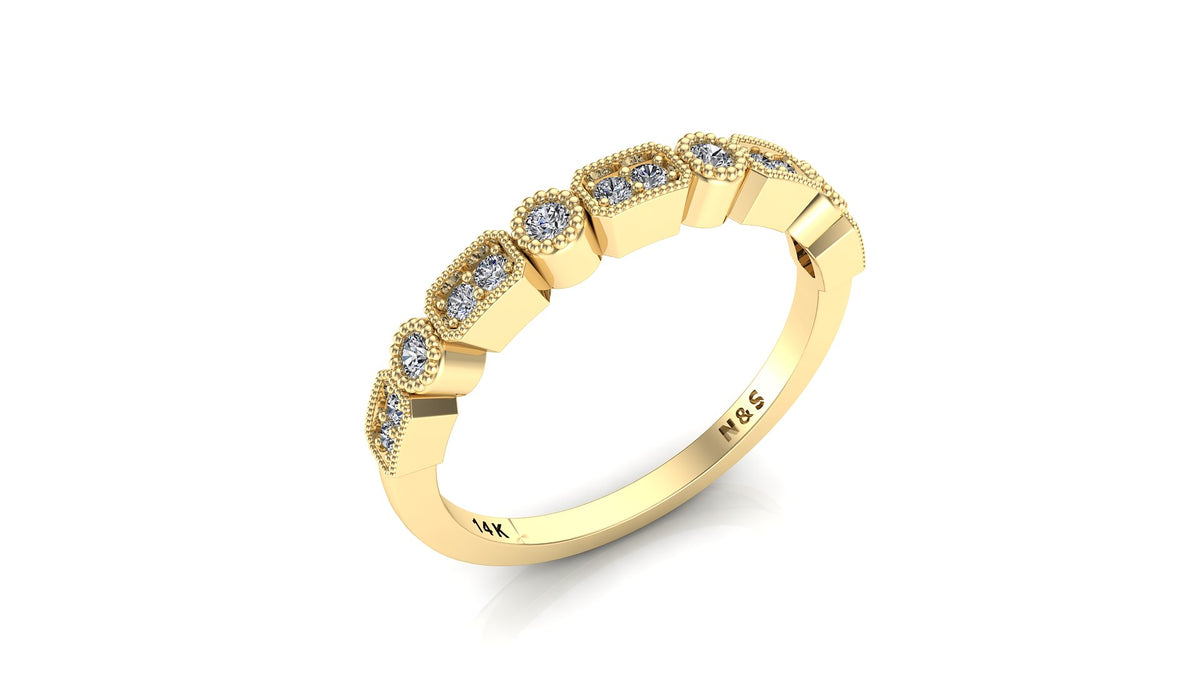 0.20ct Milgrain Beaded Rectangle and Round Diamond Wedding Band 14K Gold BAN109
