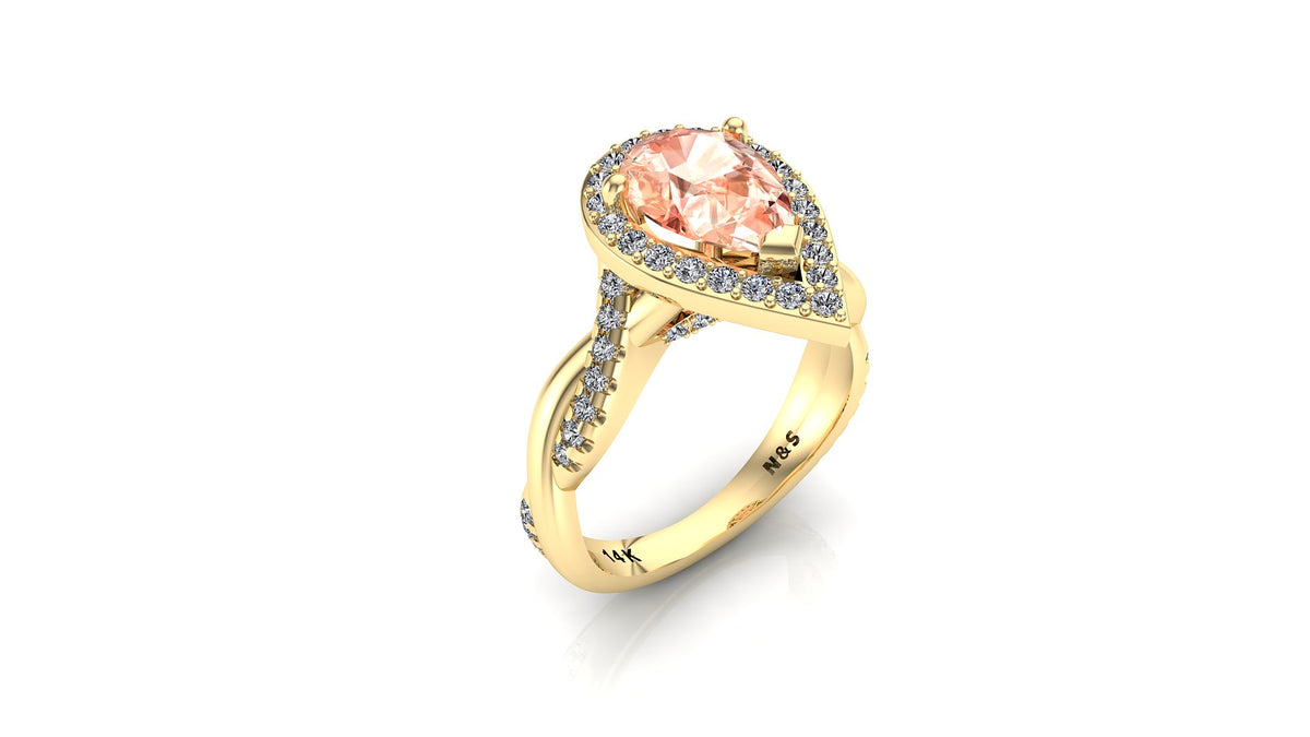 9x6mm (1.30ct) Single Diamond Twist Pear Cut Morganite Diamond Halo 14K Gold Ring BSAQ012