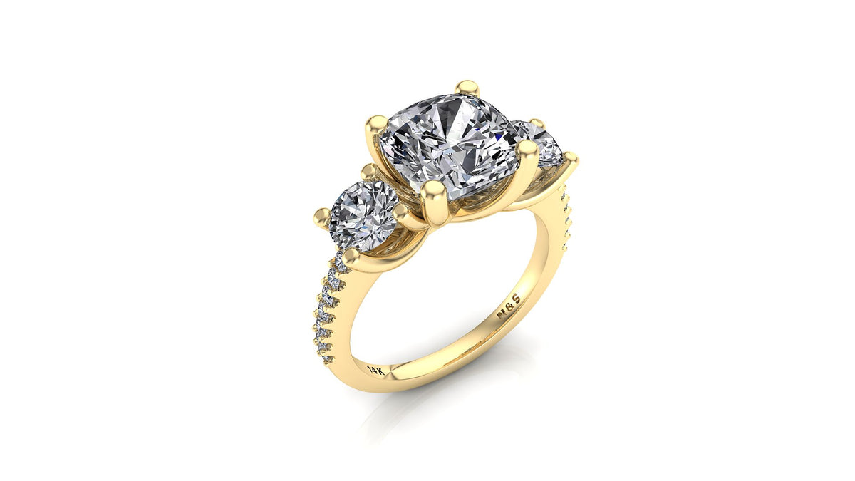 8.5mm (2.80ct) ForeverOne Cushion Moissanite Three Stone Engagement Ring Engagement Ring 14K Gold MOENG085