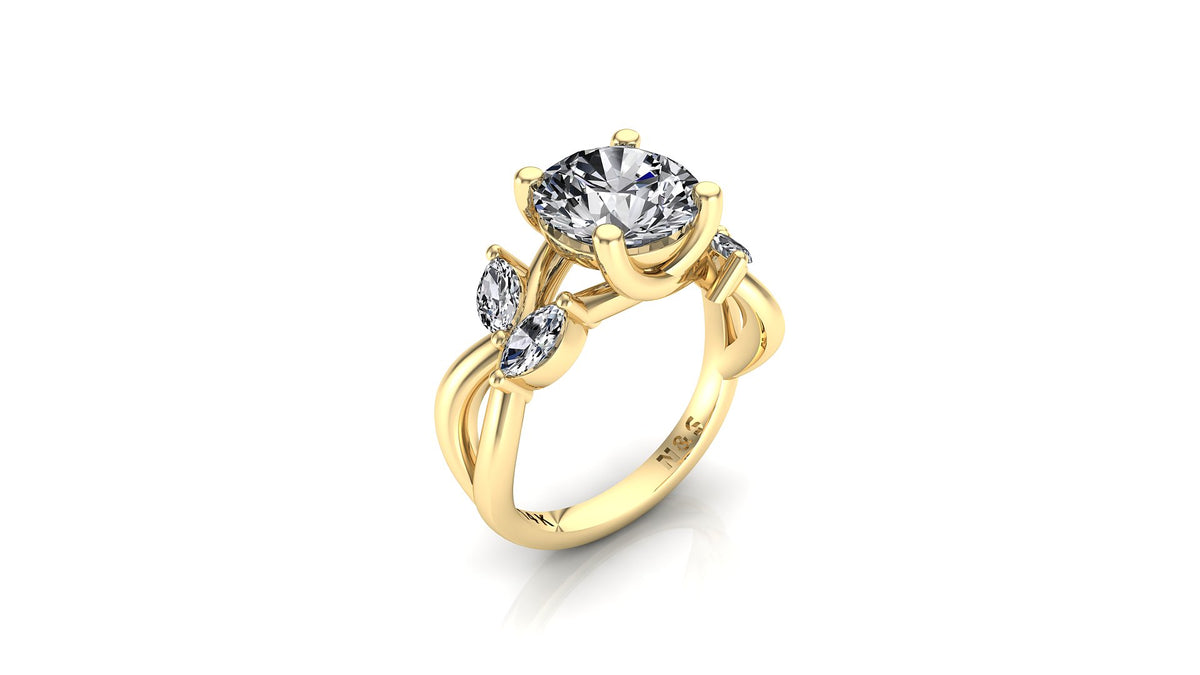 8mm (1.90ct) ForeverOne Round Moissanite Marquise-Nature Style Twist Band 14K Gold Engagement Ring MOENG007