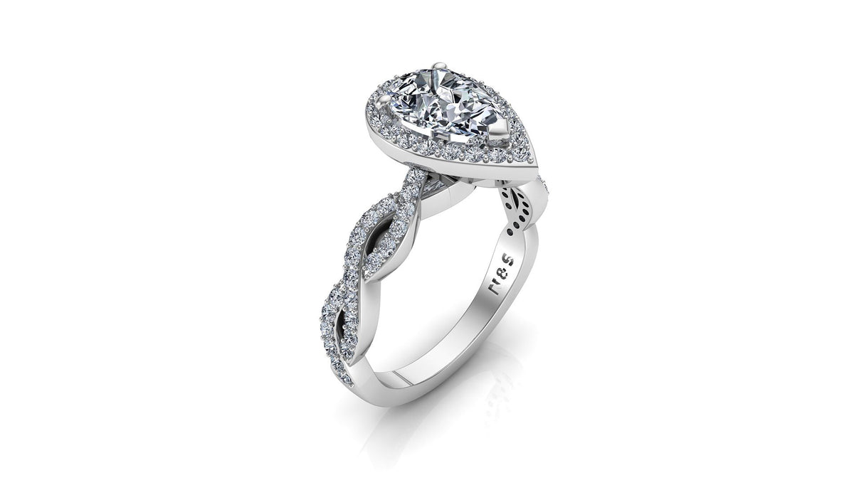 9x6mm (1.30ct) ForeverOne Pear Moissanite Halo Diamond Infinity Band 14K Gold Engagement Ring MOENG002