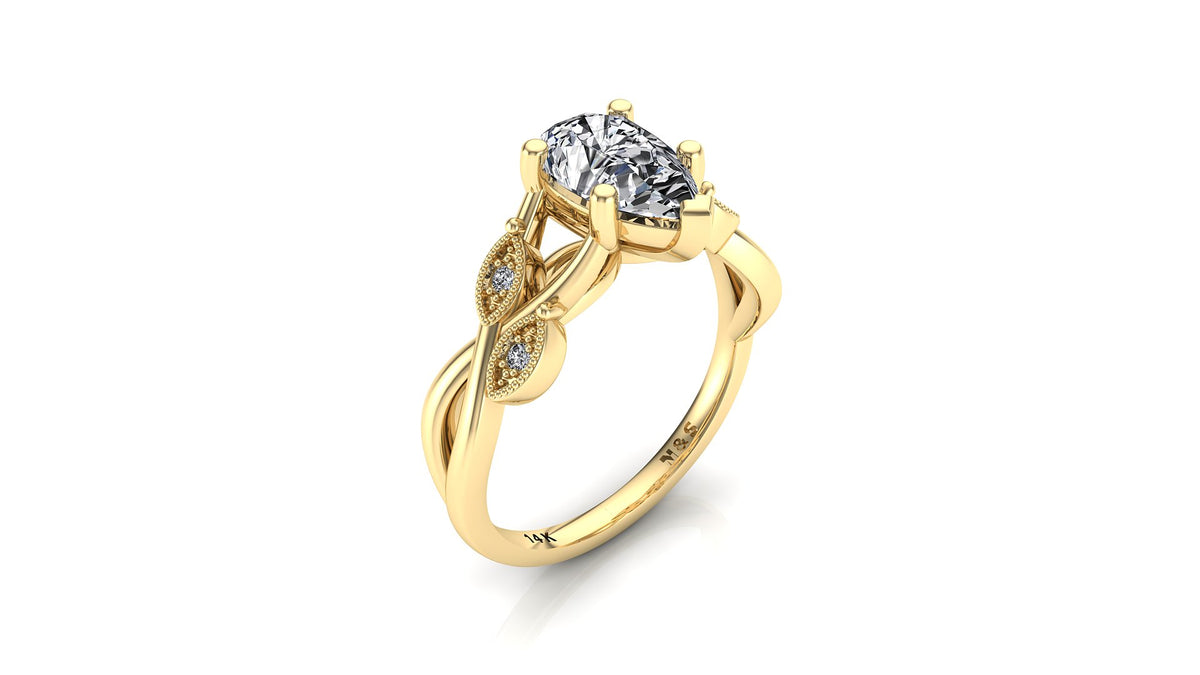 9x6mm (1.30ct) ForeverOne Pear Moissanite Marquise Style Milgrain Twist Band 14K Gold Engagement Ring MOENG008