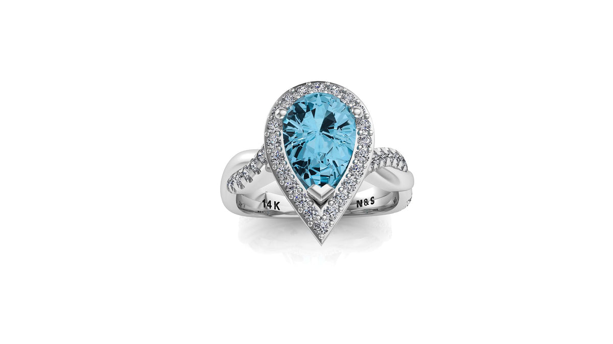 9x6mm (1.30ct) Single Diamond Twist Pear Cut Blue Topaz Diamond Halo 14K Gold Ring BSAQ013