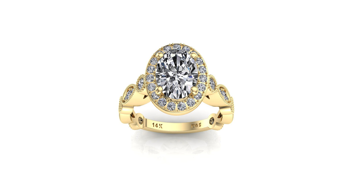 8x6mm (1.50ct) ForeverOne Oval Moissanite Round Marquise Style Milgrain Band 14K Gold Engagement Ring MOENG041