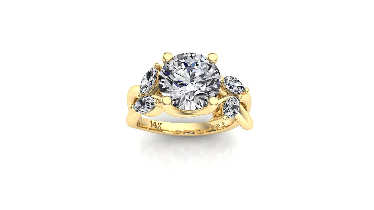 8mm (1.90ct) ForeverOne Round Moissanite Marquise-Nature Style Twist Band 14K Gold Engagement Ring MOENG007