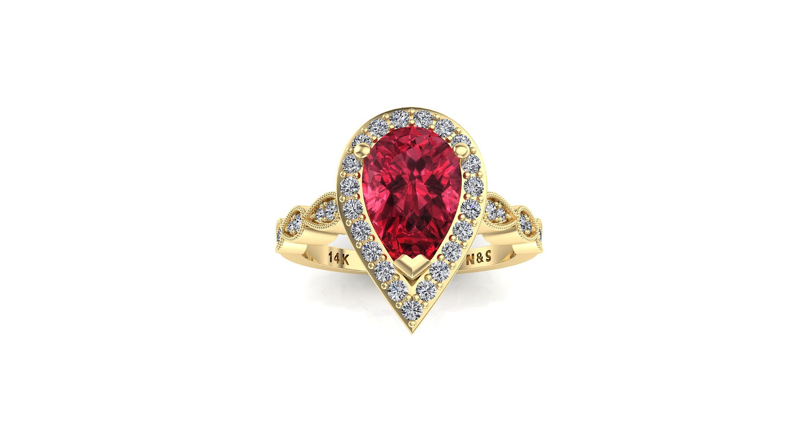 9x6mm (1.30ct) Milgrain Pear Cut Garnet Diamond Halo 14K Gold Ring BSAQ007