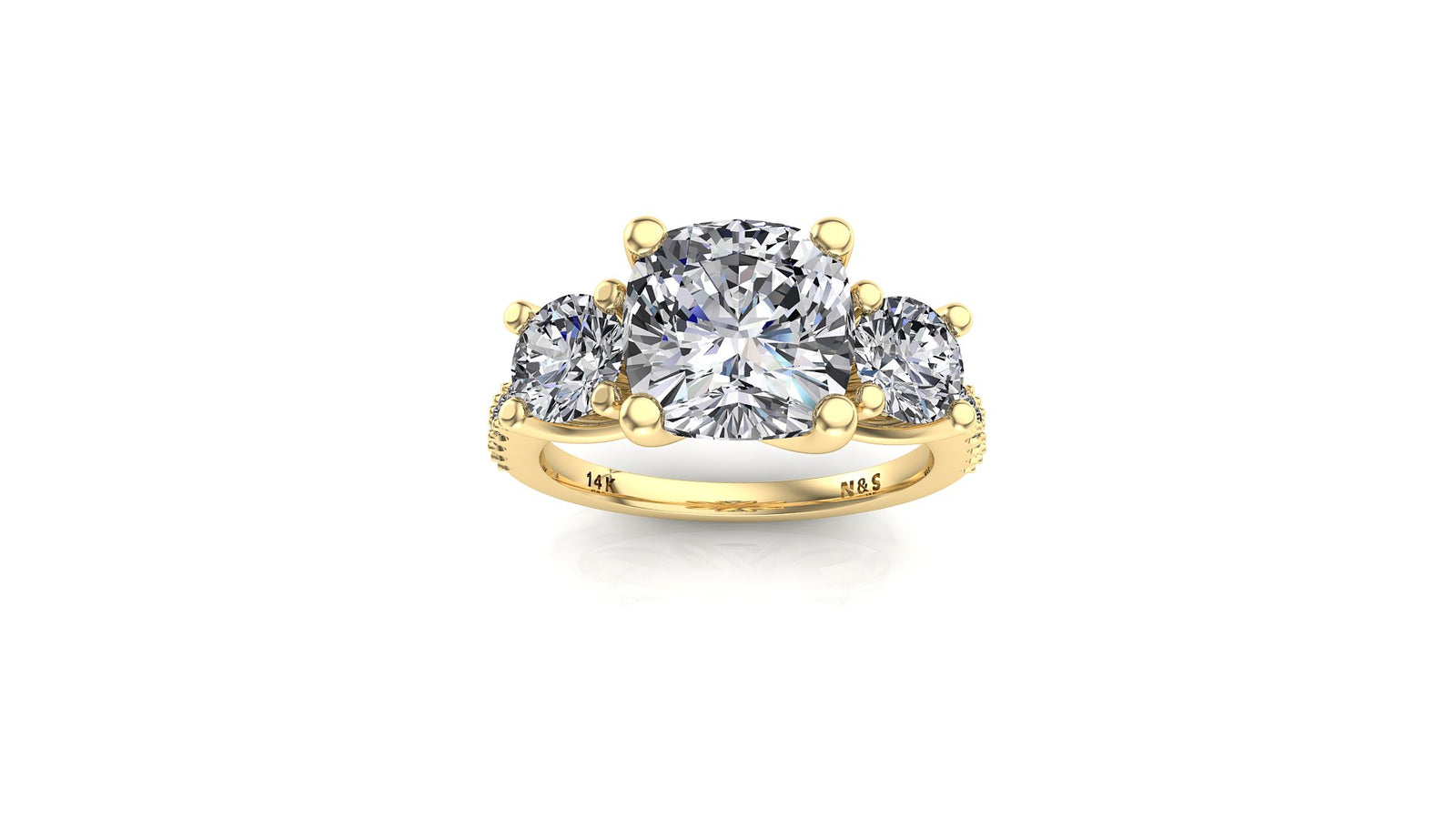 8.5mm (2.80ct) ForeverOne Cushion Moissanite Three Stone Engagement Ring Engagement Ring 14K Gold MOENG085