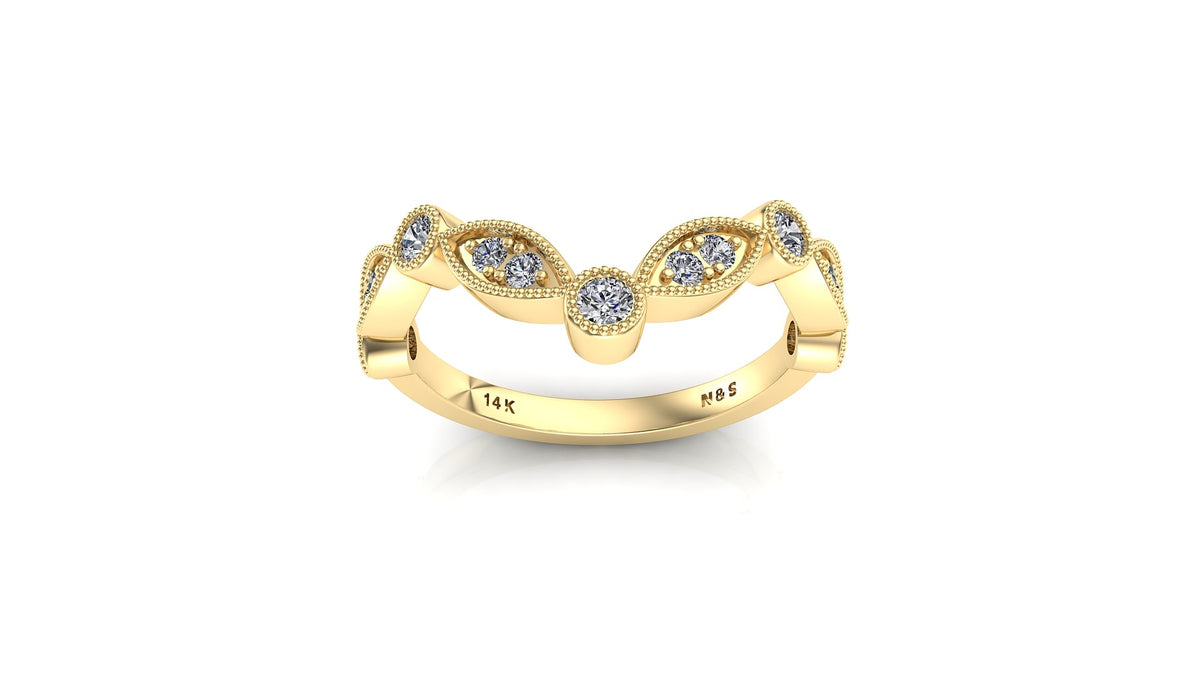 0.30ct Milgrain Beaded Marquise and Round Chevron Diamond Wedding Band 14K Gold BAN115