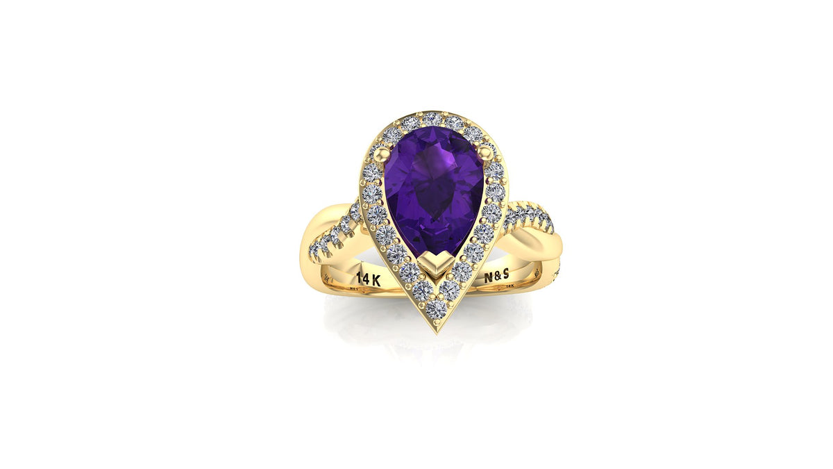 9x6mm (1.30ct) Single Diamond Twist Pear Cut Amethyst Diamond Halo 14K Gold Ring BSAQ010