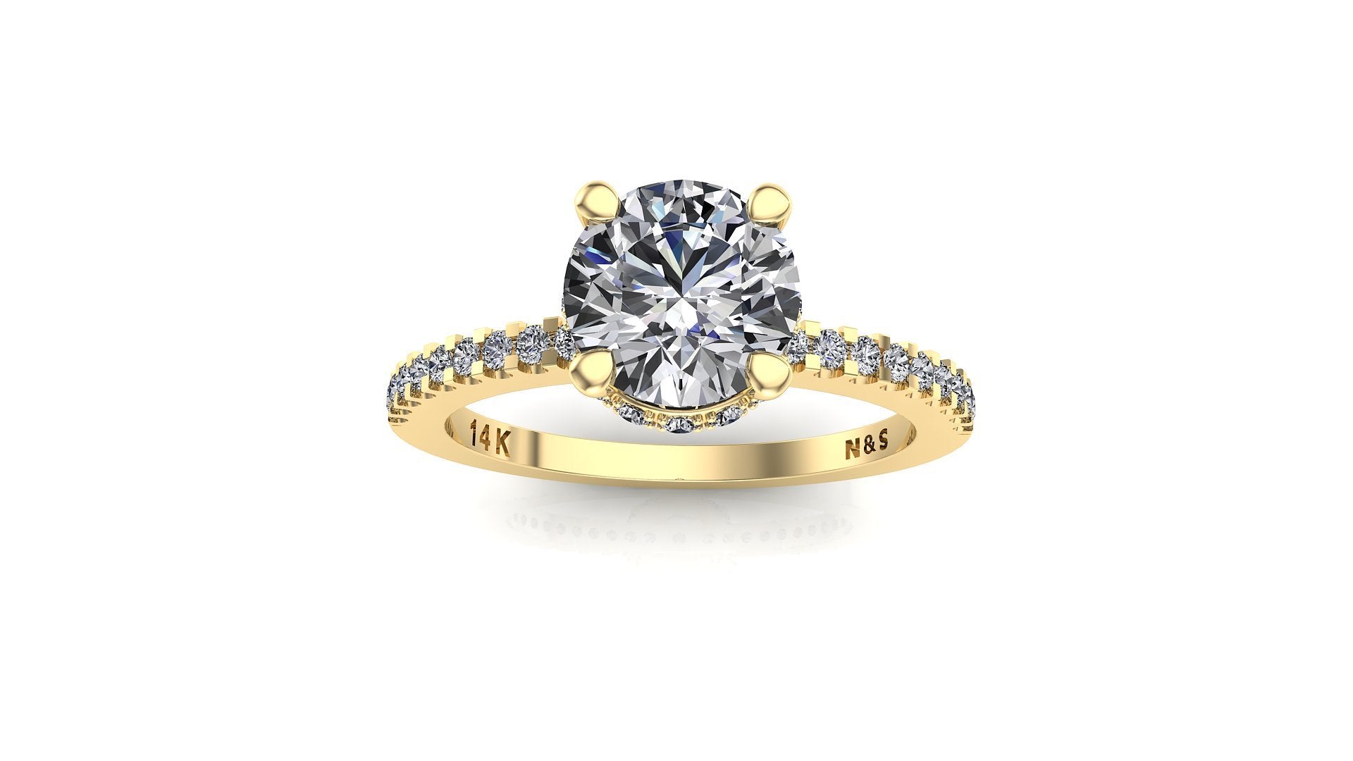 7.0mm (1.20ct) Katie ForeverOne Round Moissanite Four Prong Diamond Underhalo Engagement Ring 14K Gold MOENG068