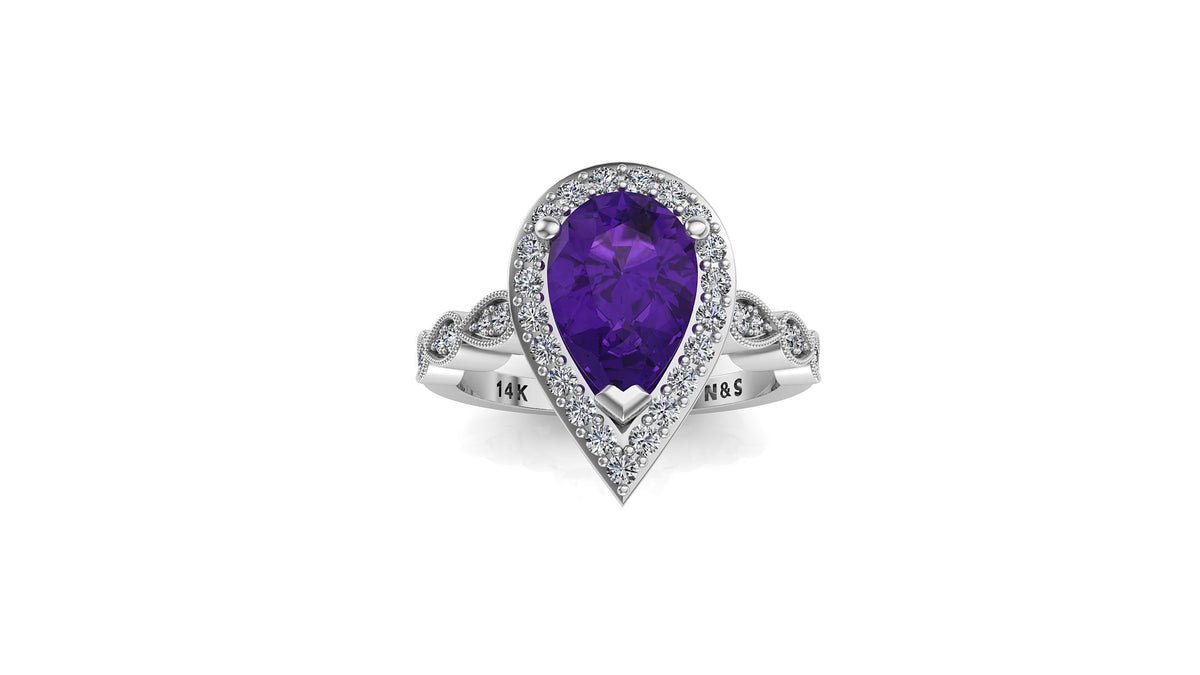 9x6mm (1.30ct) Milgrain Pear Cut Amethyst Diamond Halo 14K Gold Ring BSAQ005
