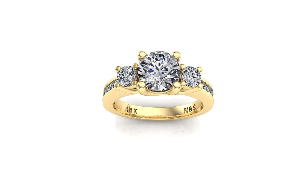 6.5mm (1.00ct) ForeverOne Round Moissanite Three Stone Channel Setting Band 14K Gold Engagement Ring MOENG044