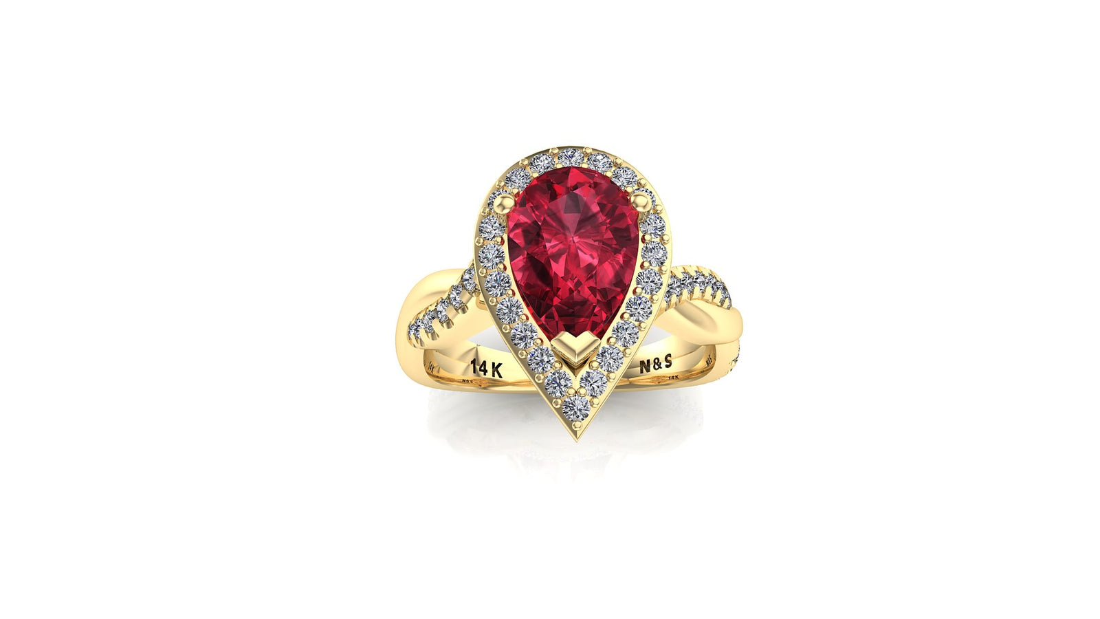 9x6mm (1.30ct) Single Diamond Twist Pear Cut Garnet Diamond Halo 14K Gold Ring BSAQ011