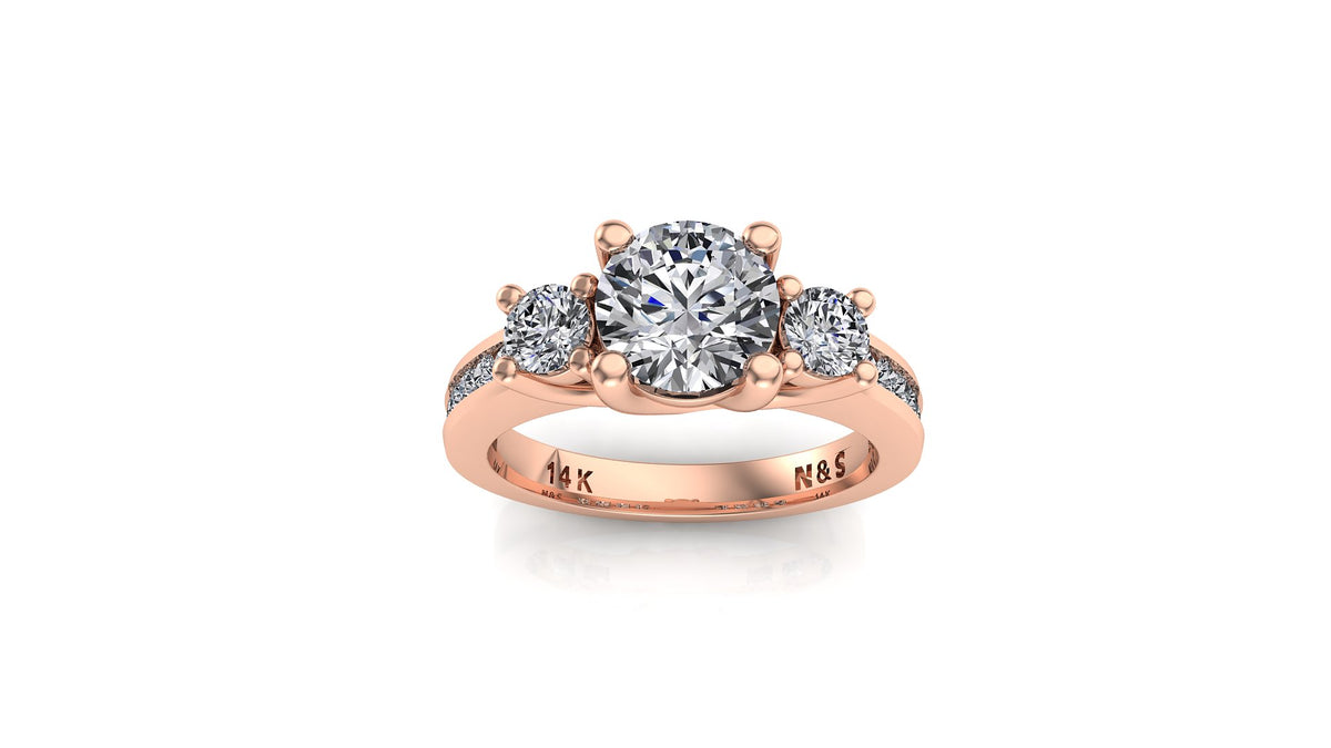 6.5mm (1.00ct) ForeverOne Round Moissanite Three Stone Channel Setting Band 14K Gold Engagement Ring MOENG044