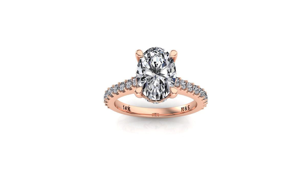 10x8mm (3.00ct)  ForeverOne Oval Moissanite Under Halo in 2.0mm Jennifer Diamond Band 14K Gold MOENG036