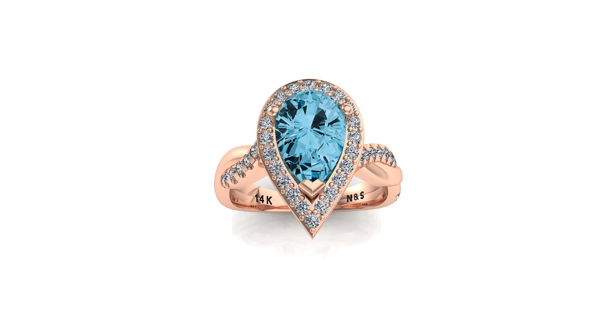 9x6mm (1.30ct) Single Diamond Twist Pear Cut Blue Topaz Diamond Halo 14K Gold Ring BSAQ013