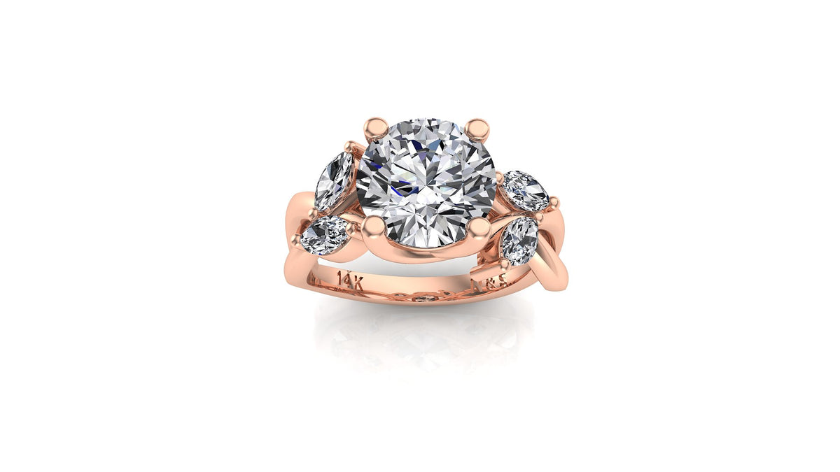 8mm (1.90ct) ForeverOne Round Moissanite Marquise-Nature Style Twist Band 14K Gold Engagement Ring MOENG007