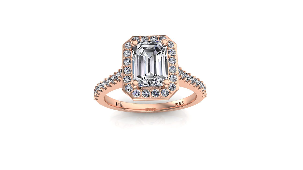 7x5mm (1.00ct) ForeverOne Emerald Moissanite Diamond Halo Engagement Ring 14K Gold MOENG086