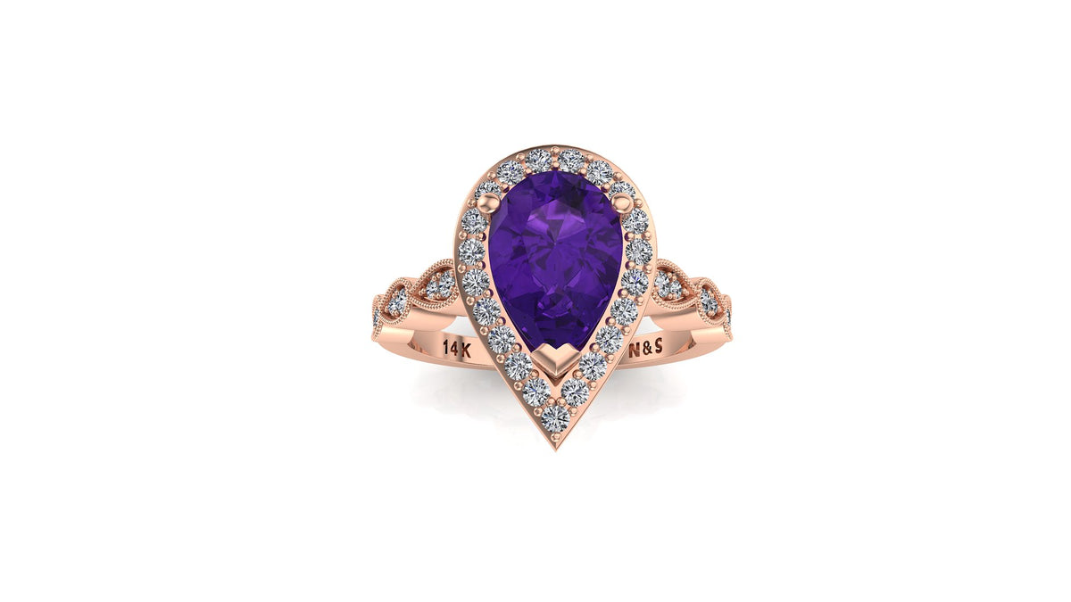 9x6mm (1.30ct) Milgrain Pear Cut Amethyst Diamond Halo 14K Gold Ring BSAQ005