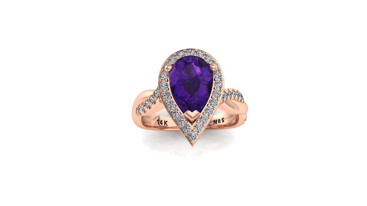 9x6mm (1.30ct) Single Diamond Twist Pear Cut Amethyst Diamond Halo 14K Gold Ring BSAQ010