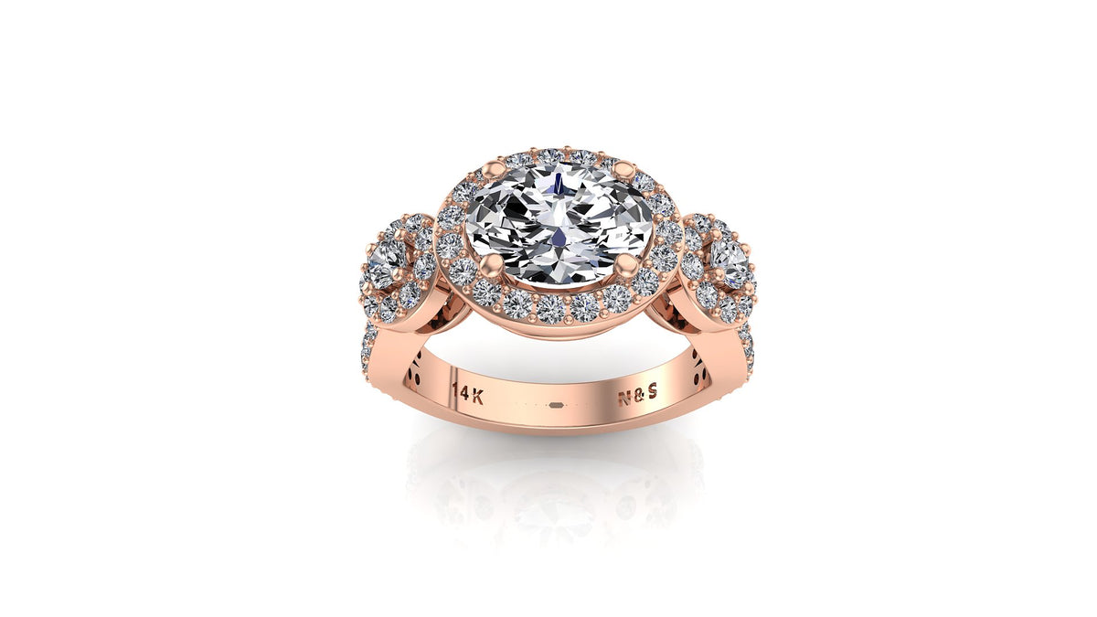 8x6mm (1.50ct) ForeverOne Oval Moissanite Three Stone Setting Band 14K Gold Engagement Ring MOENG017