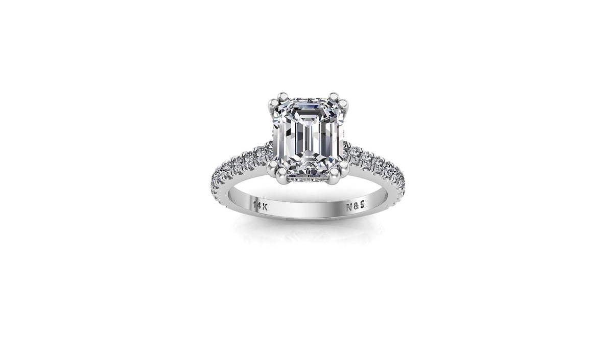 7x5mm (1.00ct) Jennifer ForeverOne Emerald Moissanite Underhalo Diamond Engagement Ring 14K Gold MOENG039