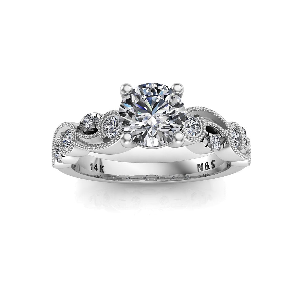 5.5mm (0.60ct) ForeverOne Round Moissanite Milgrain Design 14K Gold Engagement Ring MOENG060