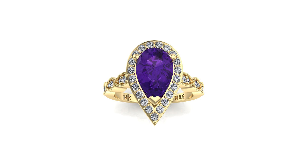 9x6mm (1.30ct) Milgrain Pear Cut Amethyst Diamond Halo 14K Gold Ring BSAQ005